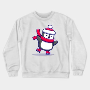 Cute Penguin Ice skating With Scarf Cartoon Crewneck Sweatshirt